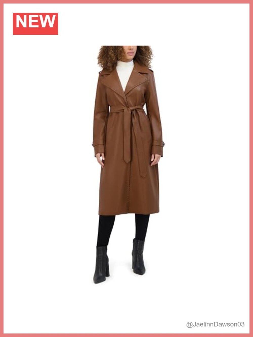 Faux Leather Belted Duster Whip Stitch Notched Collar Trench Coat